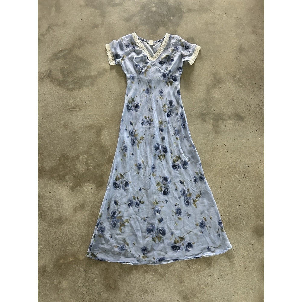 Vintage Y2K Aqua Blue Floral Lace Sheer Maxi Dress‎ Fairycore Romantic Sz 3 FLAW